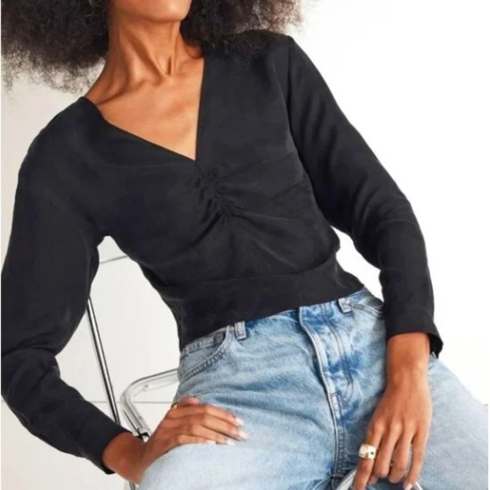 Madewell Ruched Front V-Neck Long Sleeve Top Black Cupro Blend NEW Size 16 - Picture 4 of 10